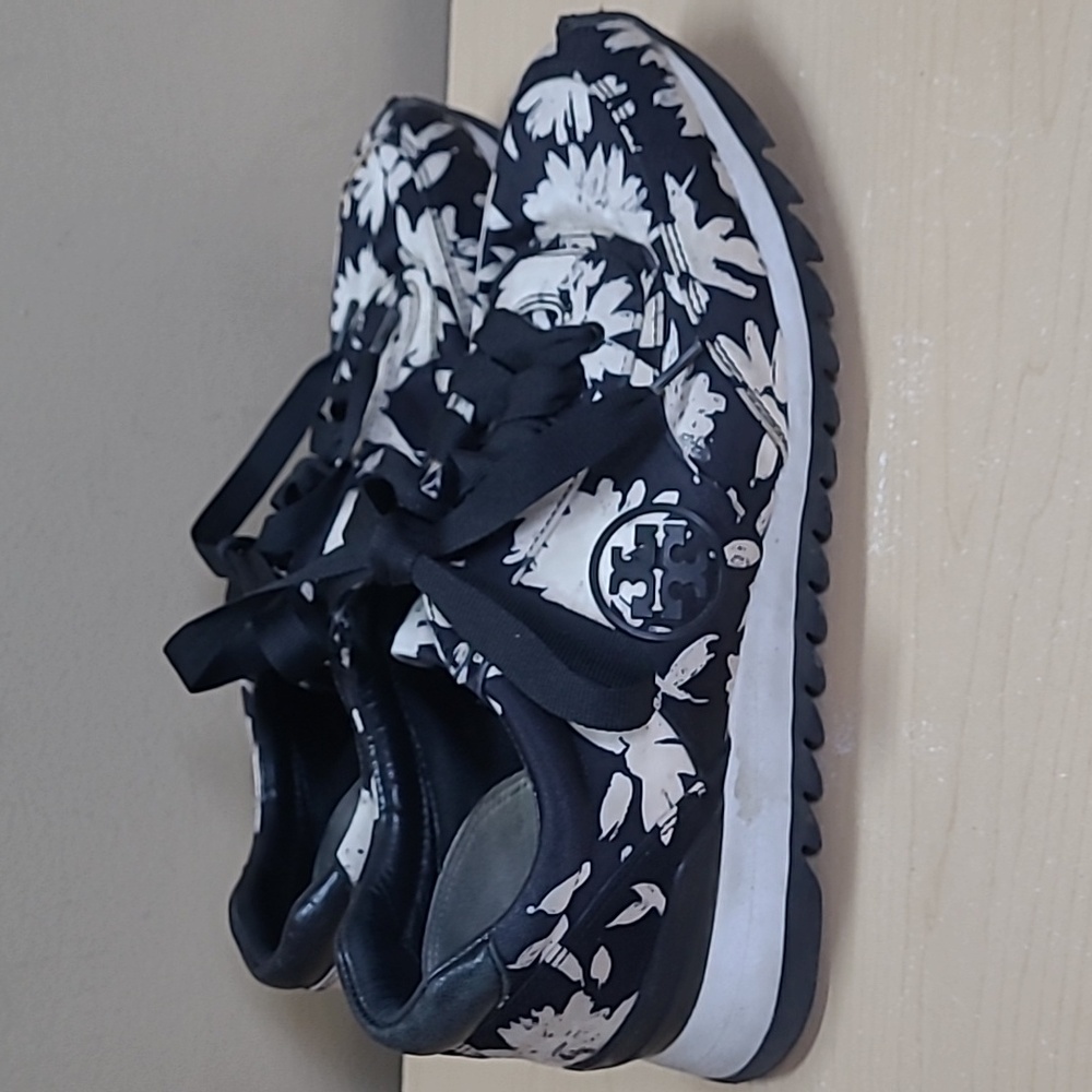 Tory Burch Orchard Combo/Black Sawtooth Leather Sneakers Ribbon Laces 8.5 VGUC